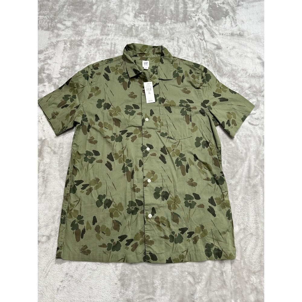 Gap Kids Shirt Boys 12 XL Green Botanical Floral Leaf Print Cotton Short Sleeve